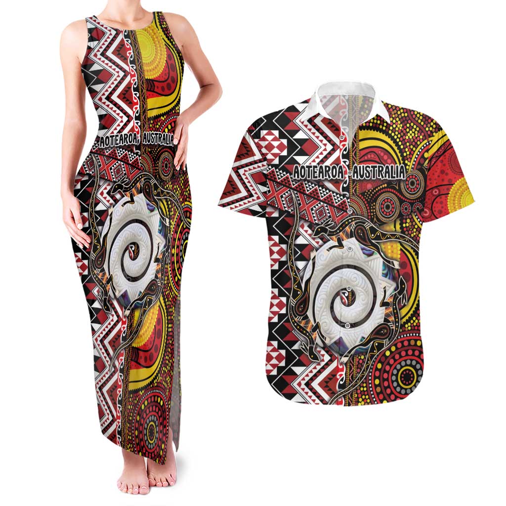 Personalised Aotearoa and Australia Together Couples Matching Tank Maxi Dress and Hawaiian Shirt Koru and Kangaroo - Taniko with Aboriginal Motif
