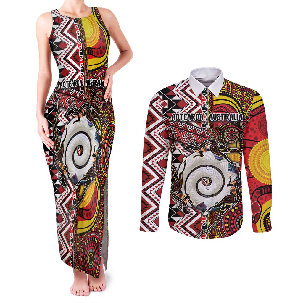 Personalised Aotearoa and Australia Together Couples Matching Tank Maxi Dress and Long Sleeve Button Shirt Koru and Kangaroo - Taniko with Aboriginal Motif