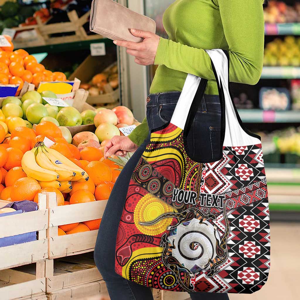 Personalised Aotearoa and Australia Together Grocery Bag Koru and Kangaroo - Taniko with Aboriginal Motif