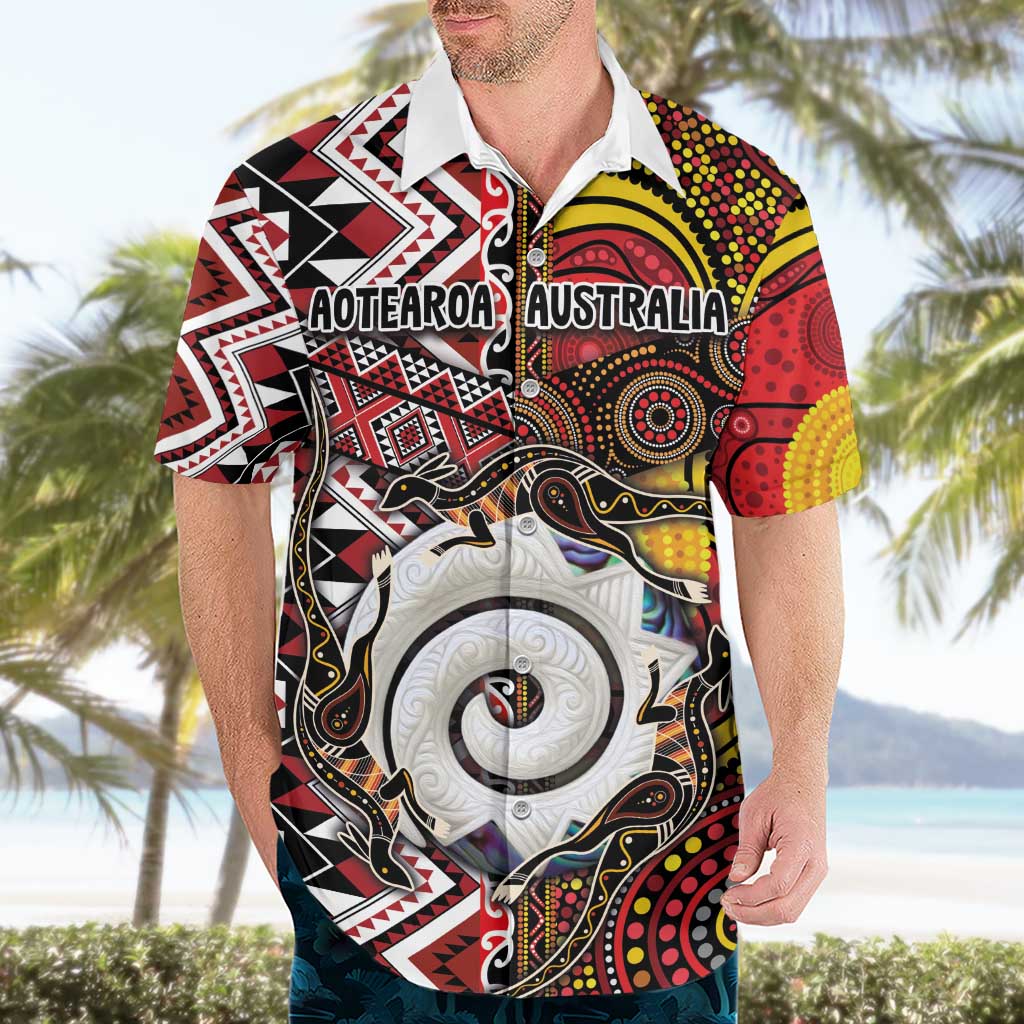 Personalised Aotearoa and Australia Together Hawaiian Shirt Koru and Kangaroo - Taniko with Aboriginal Motif