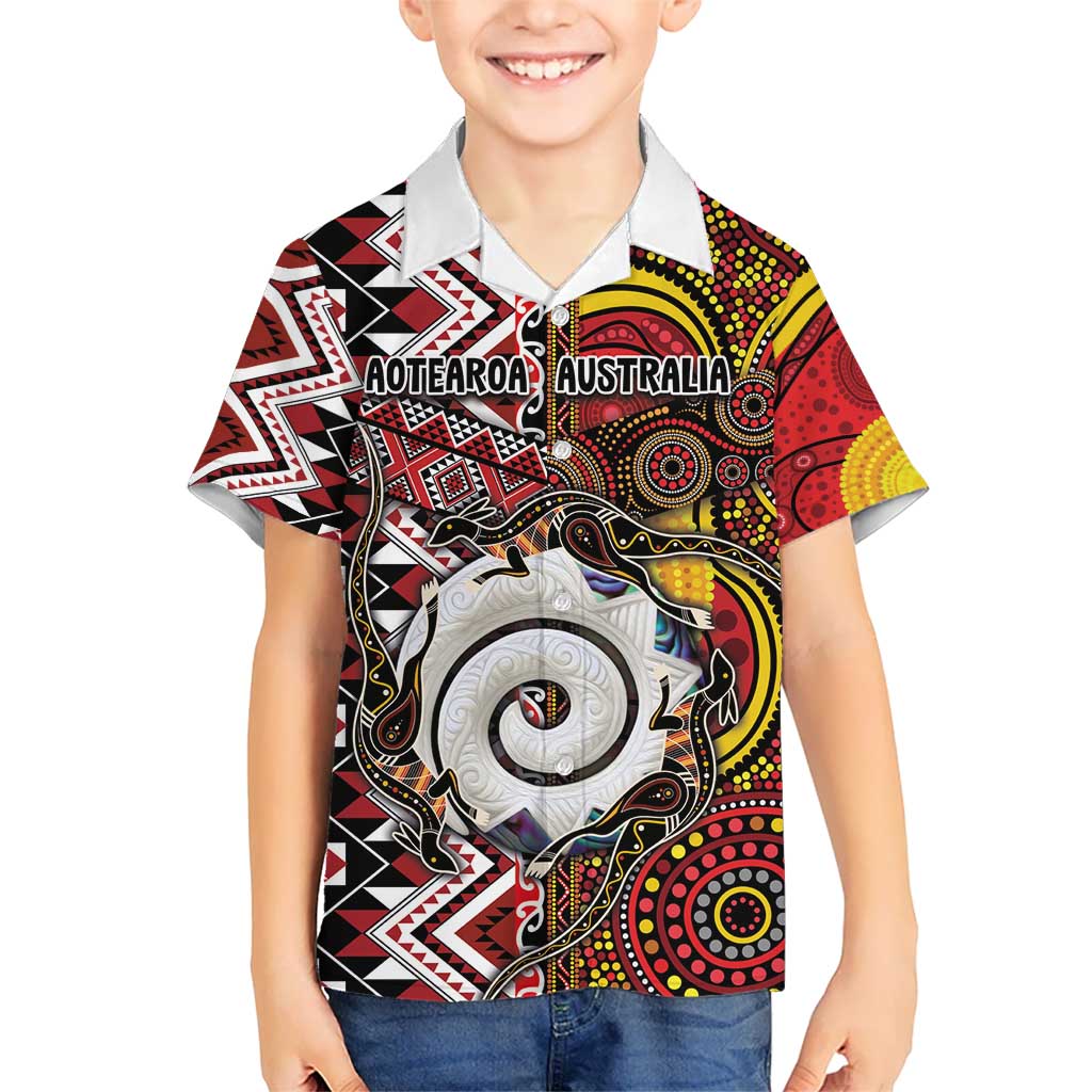 Personalised Aotearoa and Australia Together Hawaiian Shirt Koru and Kangaroo - Taniko with Aboriginal Motif