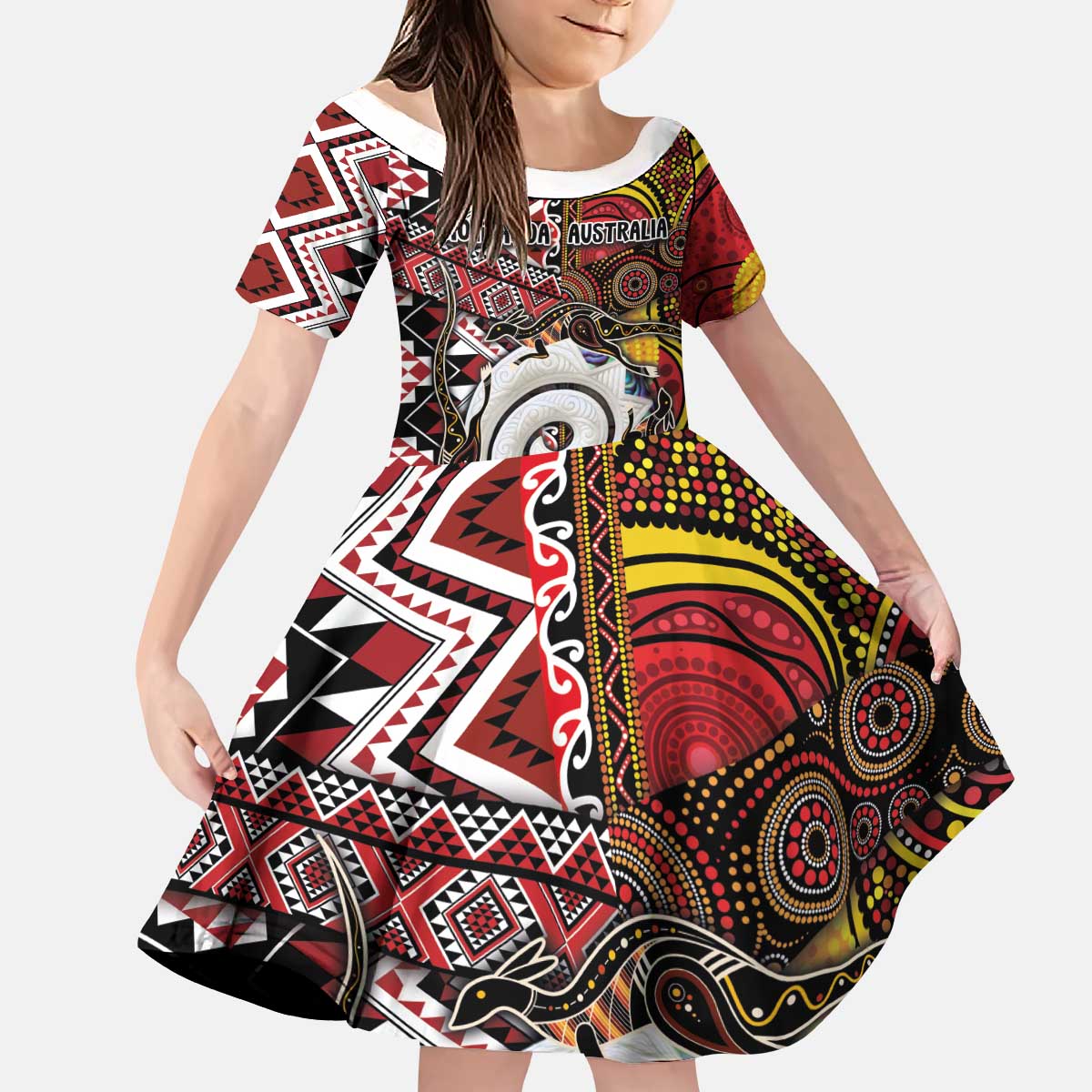 Personalised Aotearoa and Australia Together Kid Short Sleeve Dress Koru and Kangaroo - Taniko with Aboriginal Motif