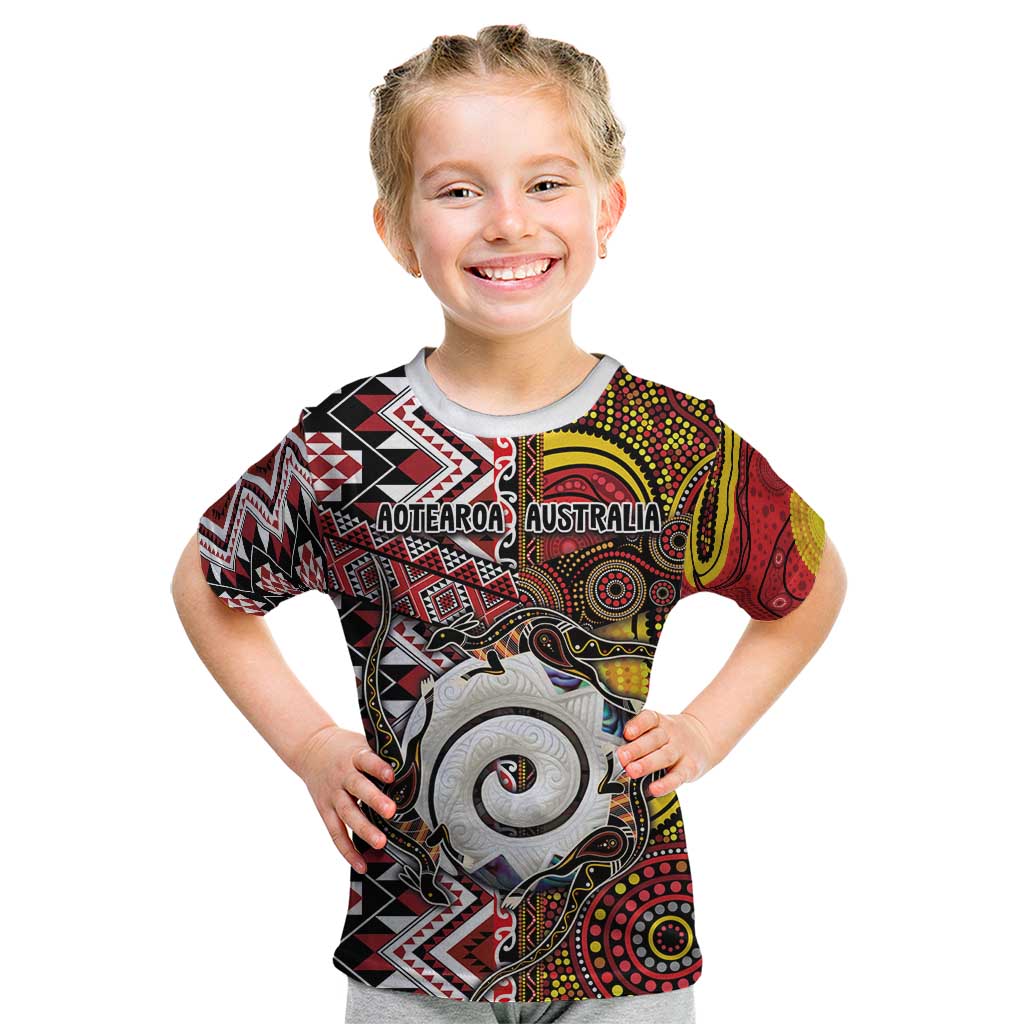 Personalised Aotearoa and Australia Together Kid T Shirt Koru and Kangaroo - Taniko with Aboriginal Motif