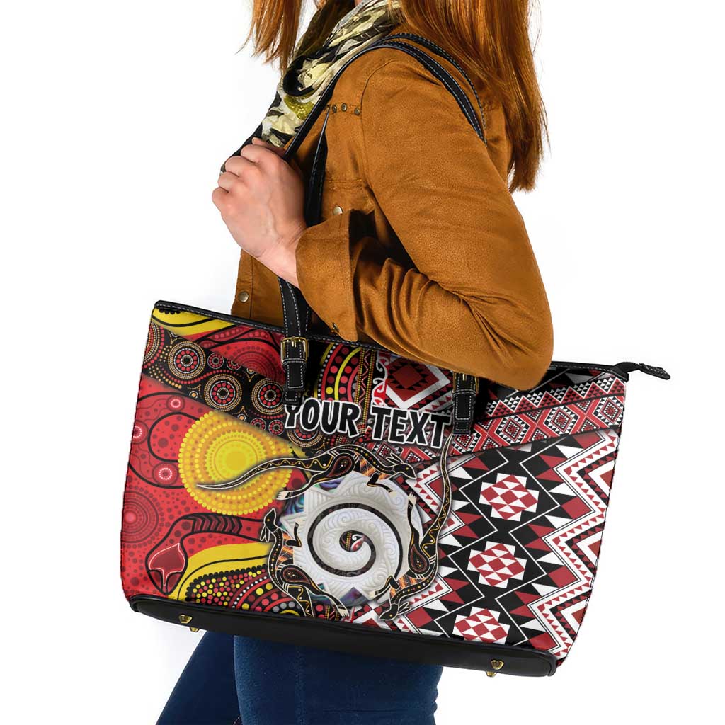 Personalised Aotearoa and Australia Together Leather Tote Bag Koru and Kangaroo - Taniko with Aboriginal Motif LT03 Black - Polynesian Pride