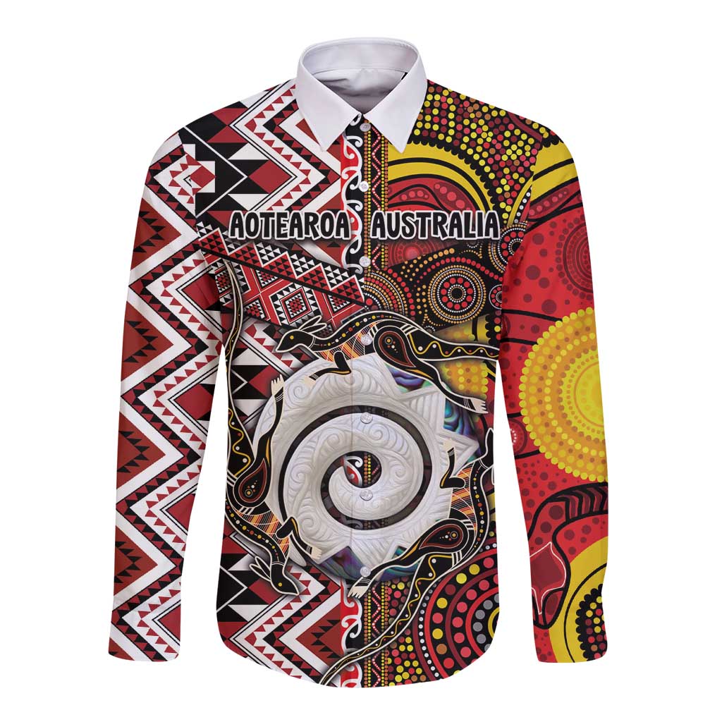Personalised Aotearoa and Australia Together Long Sleeve Button Shirt Koru and Kangaroo - Taniko with Aboriginal Motif