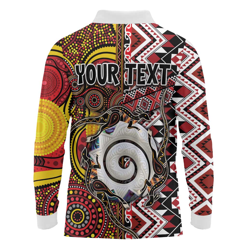Personalised Aotearoa and Australia Together Long Sleeve Polo Shirt Koru and Kangaroo - Taniko with Aboriginal Motif