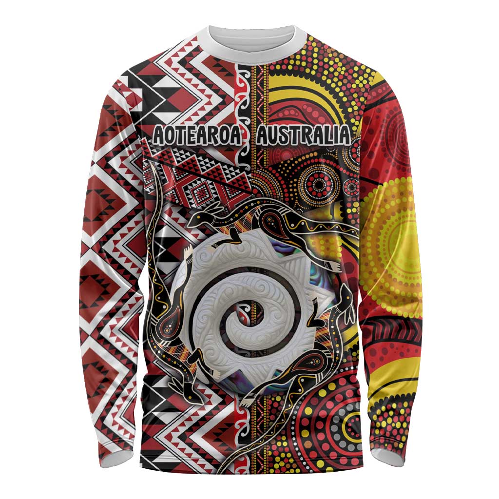 Personalised Aotearoa and Australia Together Long Sleeve Shirt Koru and Kangaroo - Taniko with Aboriginal Motif