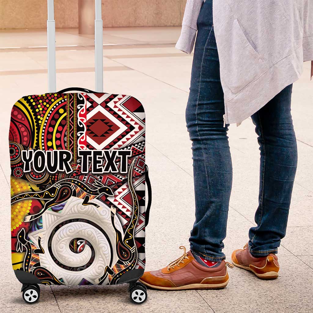 Personalised Aotearoa and Australia Together Luggage Cover Koru and Kangaroo - Taniko with Aboriginal Motif LT03 Black - Polynesian Pride