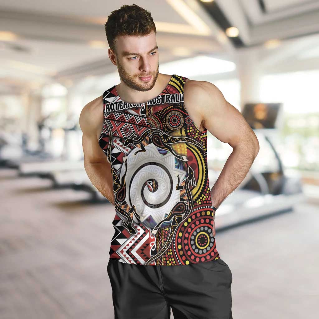 Personalised Aotearoa and Australia Together Men Tank Top Koru and Kangaroo - Taniko with Aboriginal Motif
