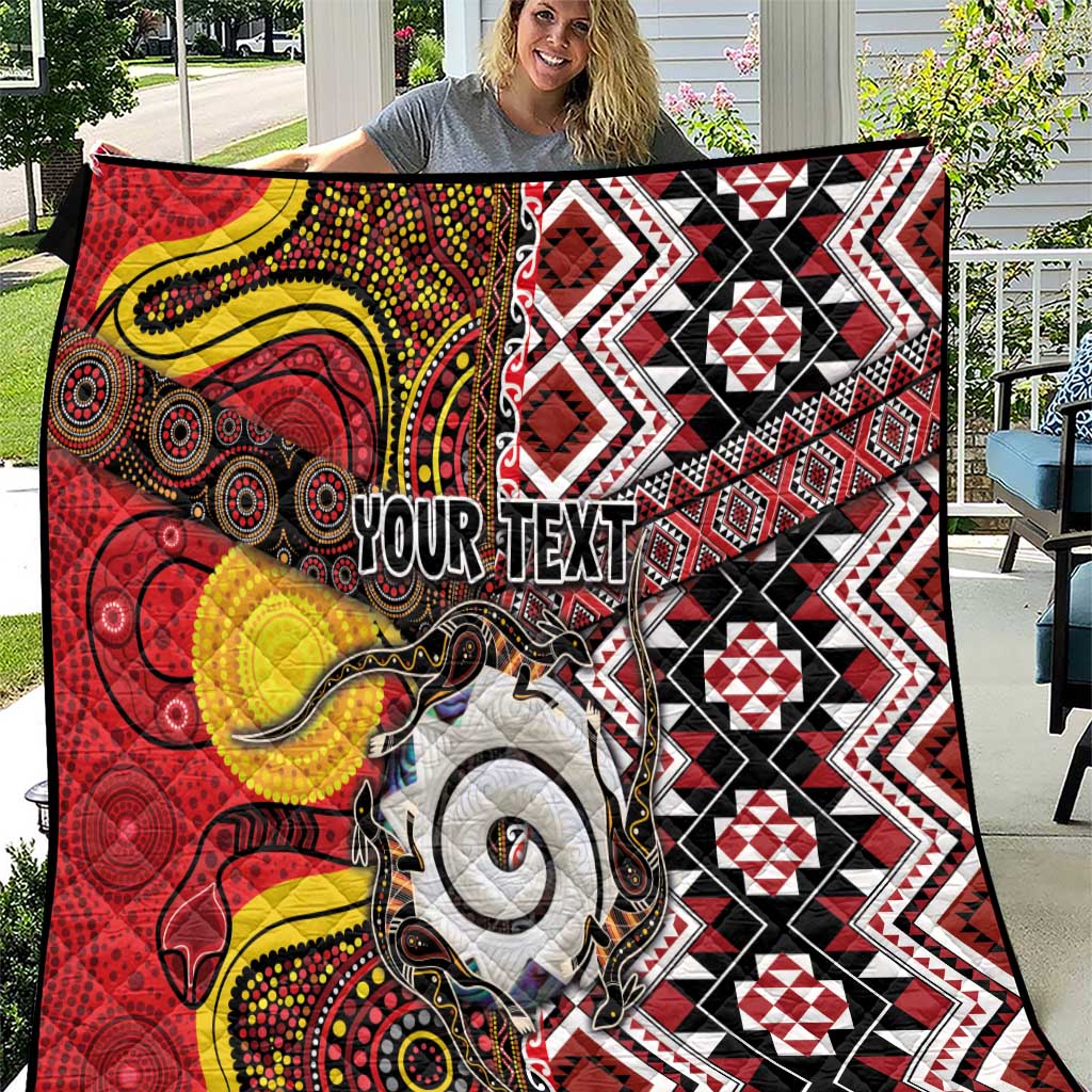 Personalised Aotearoa and Australia Together Quilt Koru and Kangaroo - Taniko with Aboriginal Motif LT03 Black - Polynesian Pride