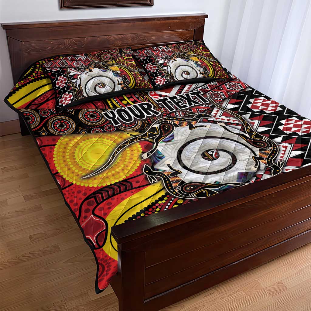 Personalised Aotearoa and Australia Together Quilt Bed Set Koru and Kangaroo - Taniko with Aboriginal Motif