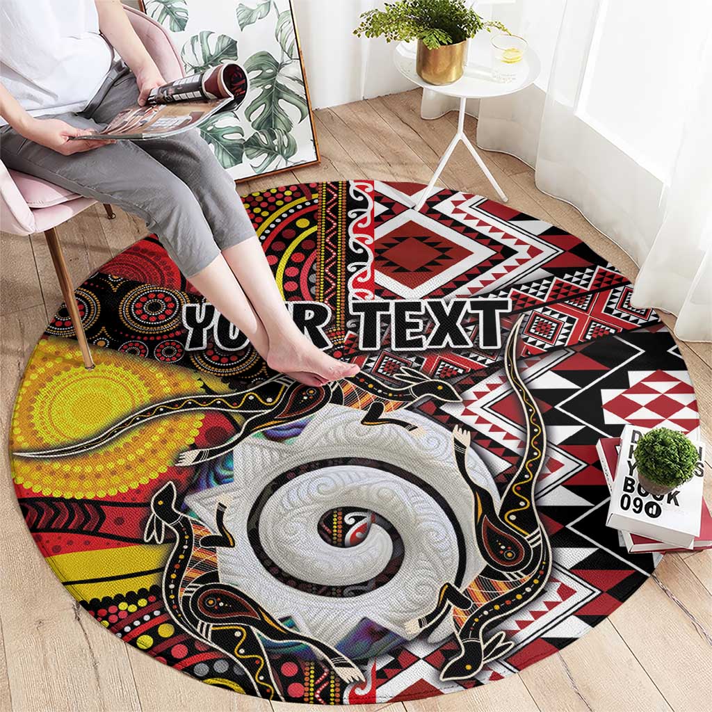 Personalised Aotearoa and Australia Together Round Carpet Koru and Kangaroo - Taniko with Aboriginal Motif LT03 - Polynesian Pride