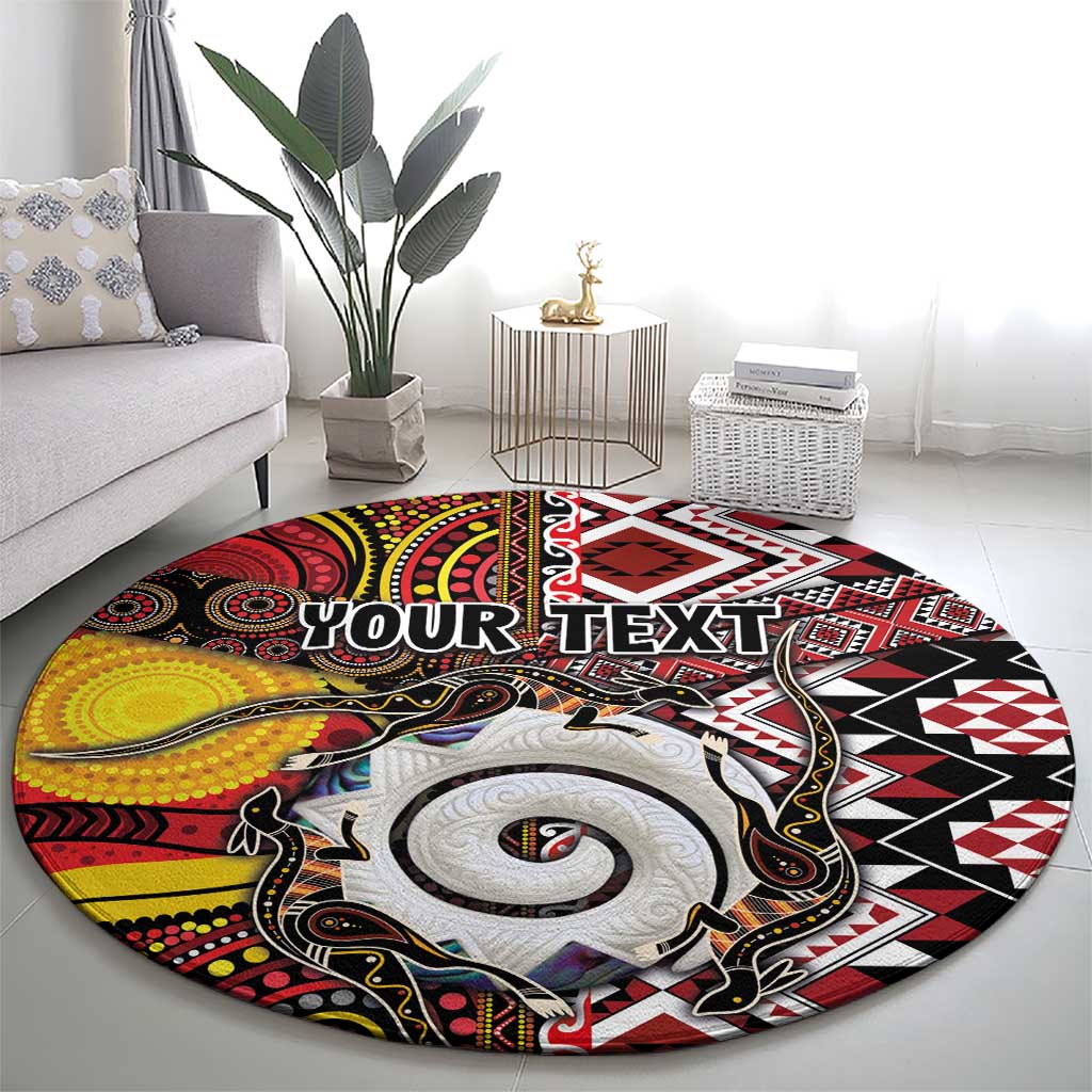 Personalised Aotearoa and Australia Together Round Carpet Koru and Kangaroo - Taniko with Aboriginal Motif LT03 - Polynesian Pride