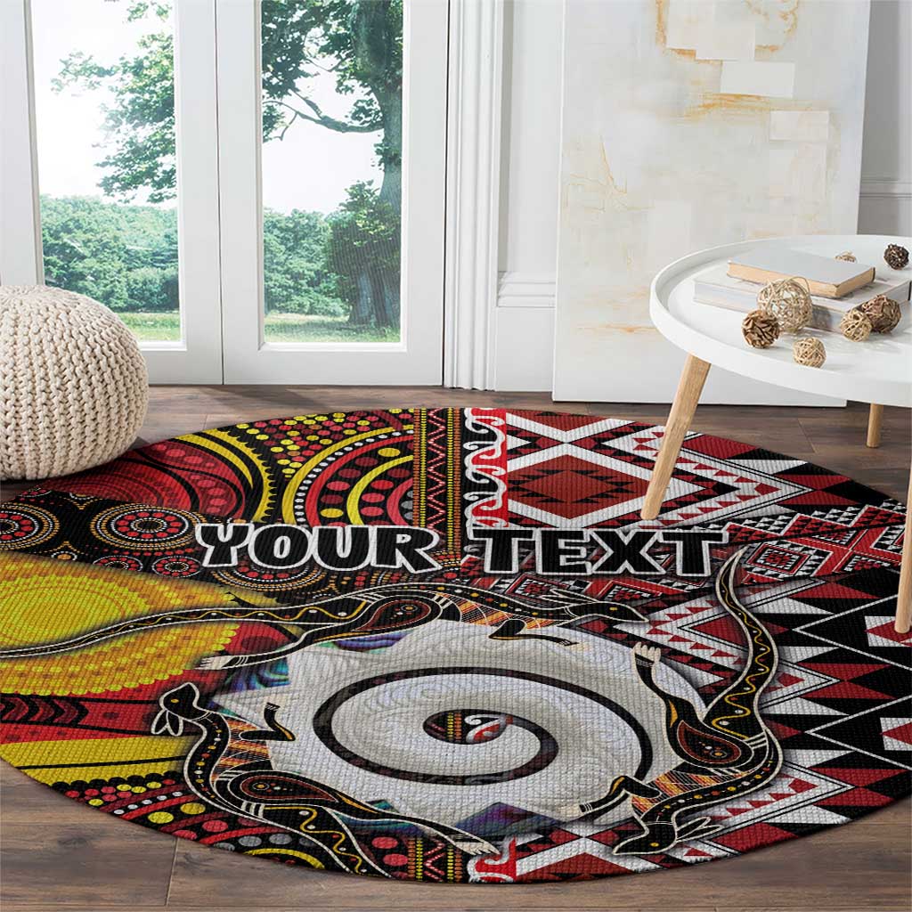 Personalised Aotearoa and Australia Together Round Carpet Koru and Kangaroo - Taniko with Aboriginal Motif LT03 - Polynesian Pride