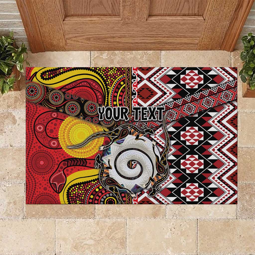 Personalised Aotearoa and Australia Together Rubber Doormat Koru and Kangaroo - Taniko with Aboriginal Motif