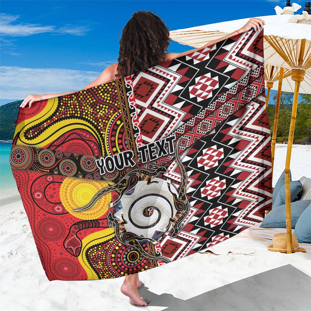 Personalised Aotearoa and Australia Together Sarong Koru and Kangaroo - Taniko with Aboriginal Motif LT03 One Size 44 x 66 inches Black - Polynesian Pride
