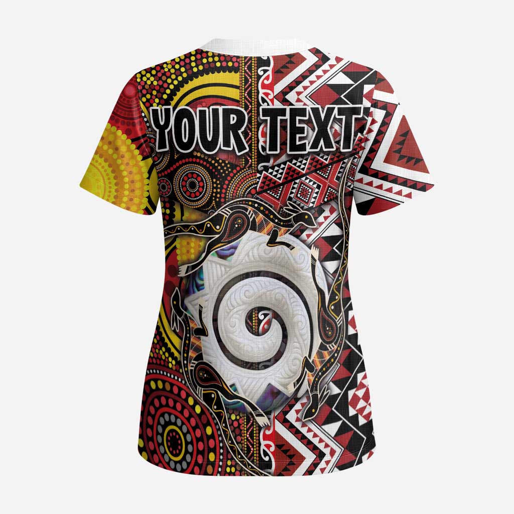 Personalised Aotearoa and Australia Together Scrub Top Koru and Kangaroo - Taniko with Aboriginal Motif - Polynesian Pride