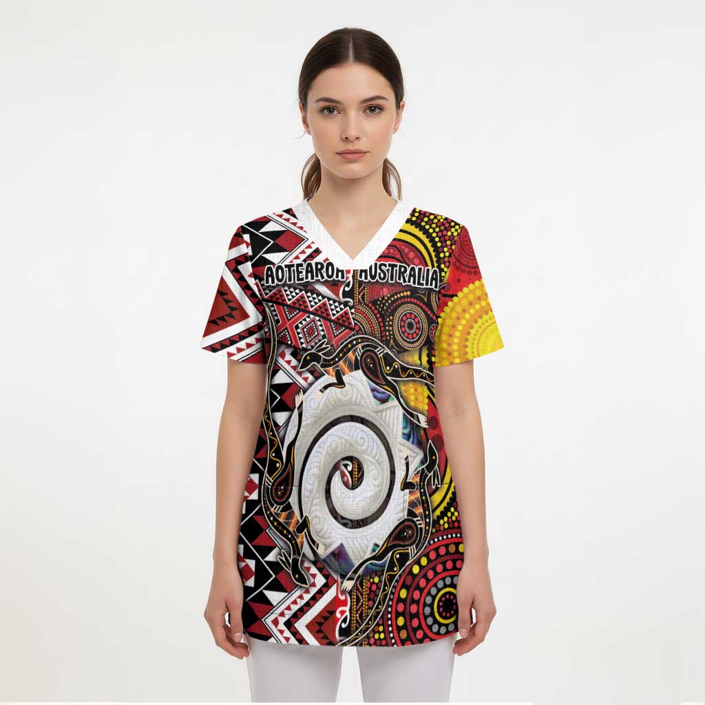 Personalised Aotearoa and Australia Together Scrub Top Koru and Kangaroo - Taniko with Aboriginal Motif - Polynesian Pride