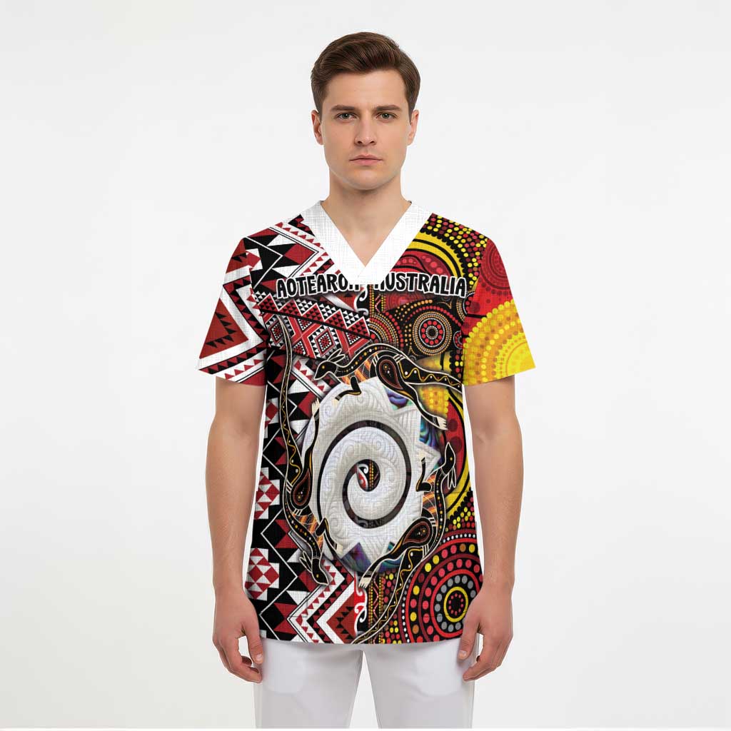 Personalised Aotearoa and Australia Together Scrub Top Koru and Kangaroo - Taniko with Aboriginal Motif - Polynesian Pride