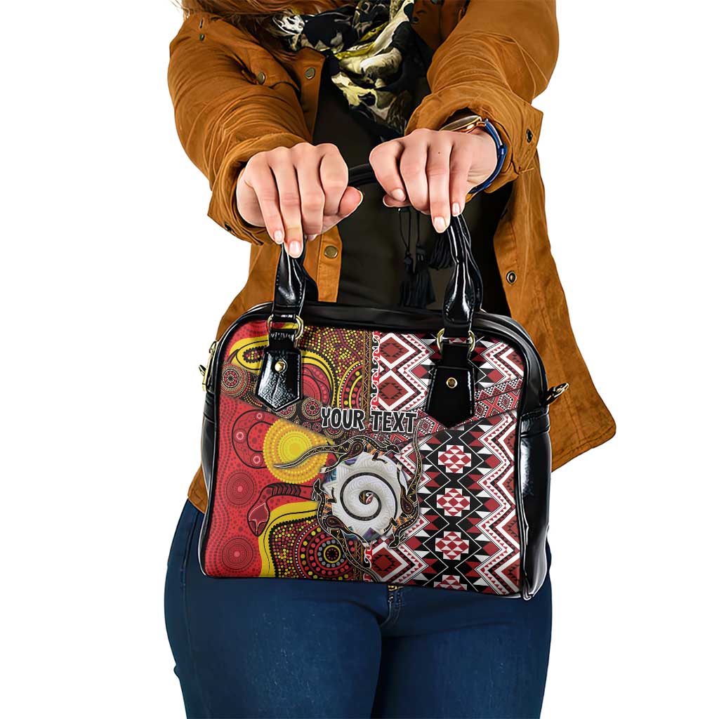 Personalised Aotearoa and Australia Together Shoulder Handbag Koru and Kangaroo - Taniko with Aboriginal Motif LT03 One Size Black - Polynesian Pride