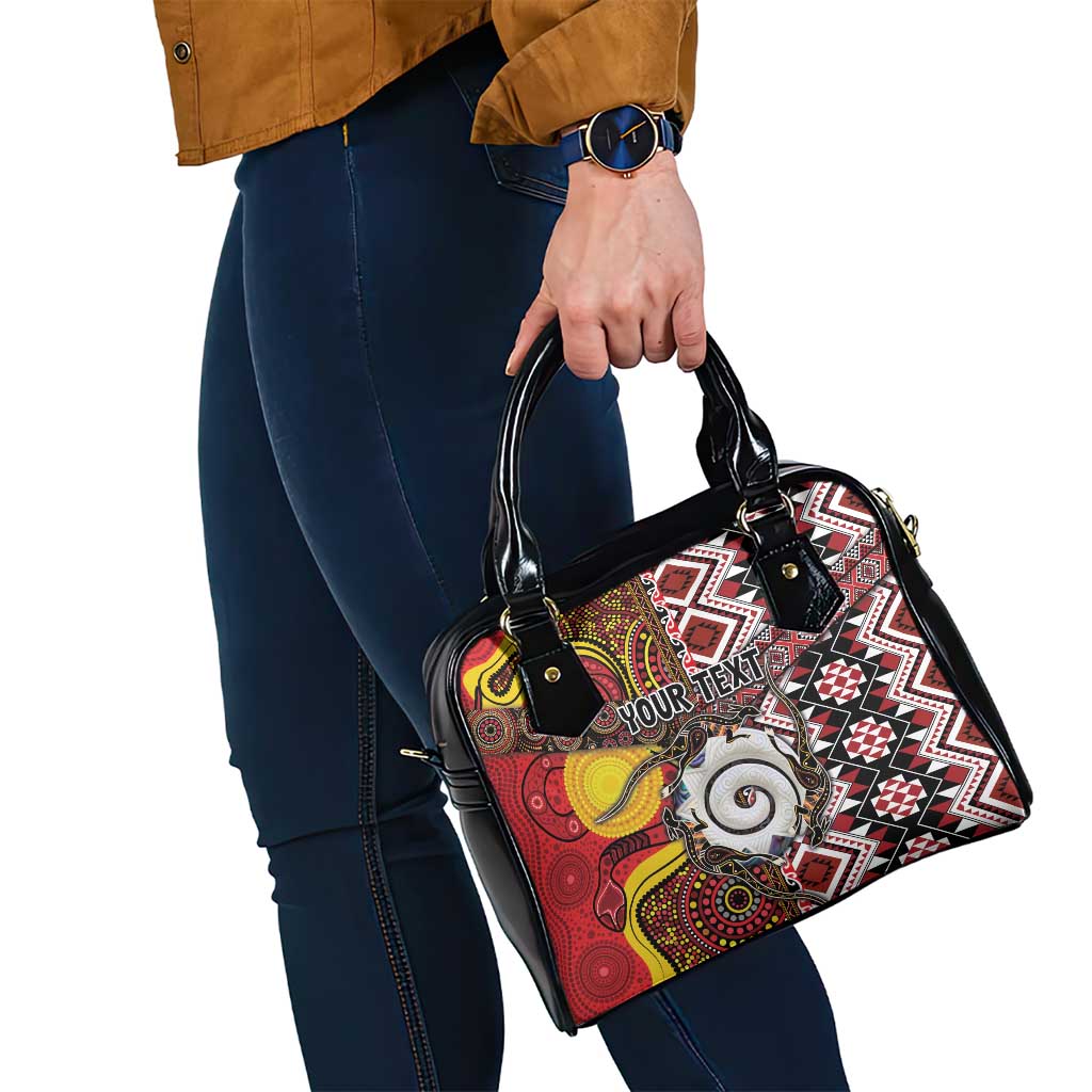 Personalised Aotearoa and Australia Together Shoulder Handbag Koru and Kangaroo - Taniko with Aboriginal Motif