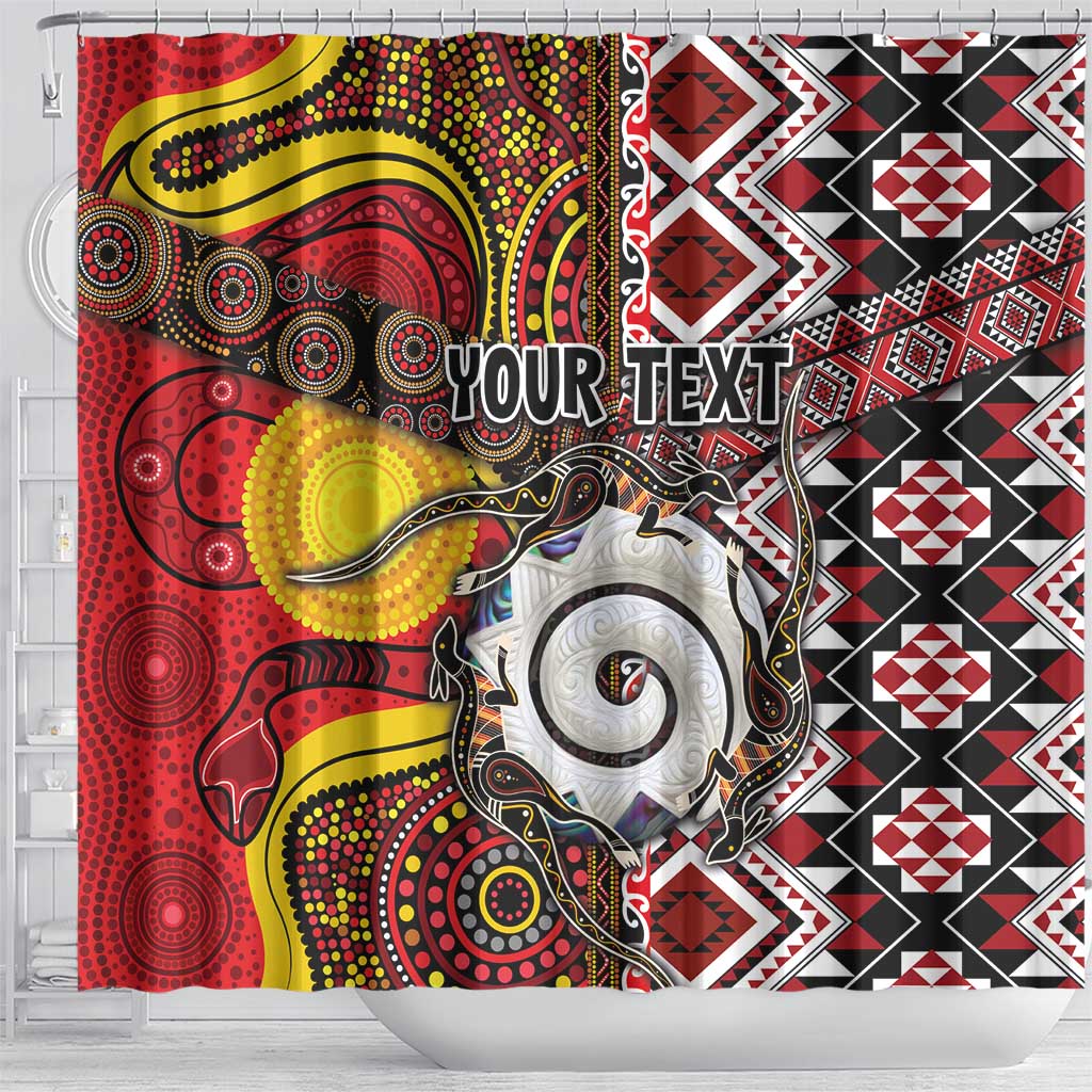 Personalised Aotearoa and Australia Together Shower Curtain Koru and Kangaroo - Taniko with Aboriginal Motif