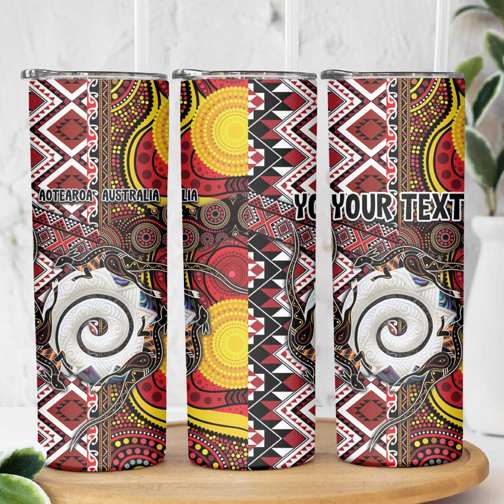 Personalised Aotearoa and Australia Together Skinny Tumbler Koru and Kangaroo - Taniko with Aboriginal Motif