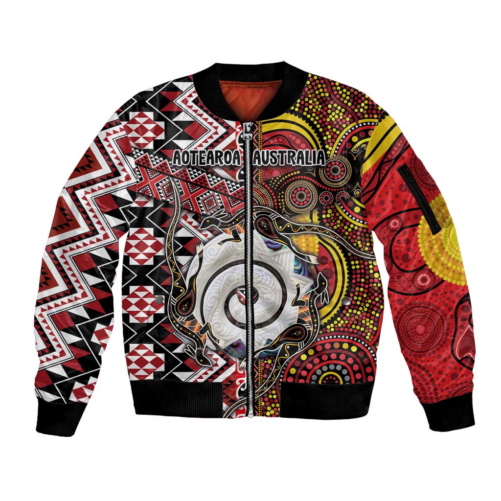 Personalised Aotearoa and Australia Together Sleeve Zip Bomber Jacket Koru and Kangaroo - Taniko with Aboriginal Motif LT03 Unisex Black - Polynesian Pride