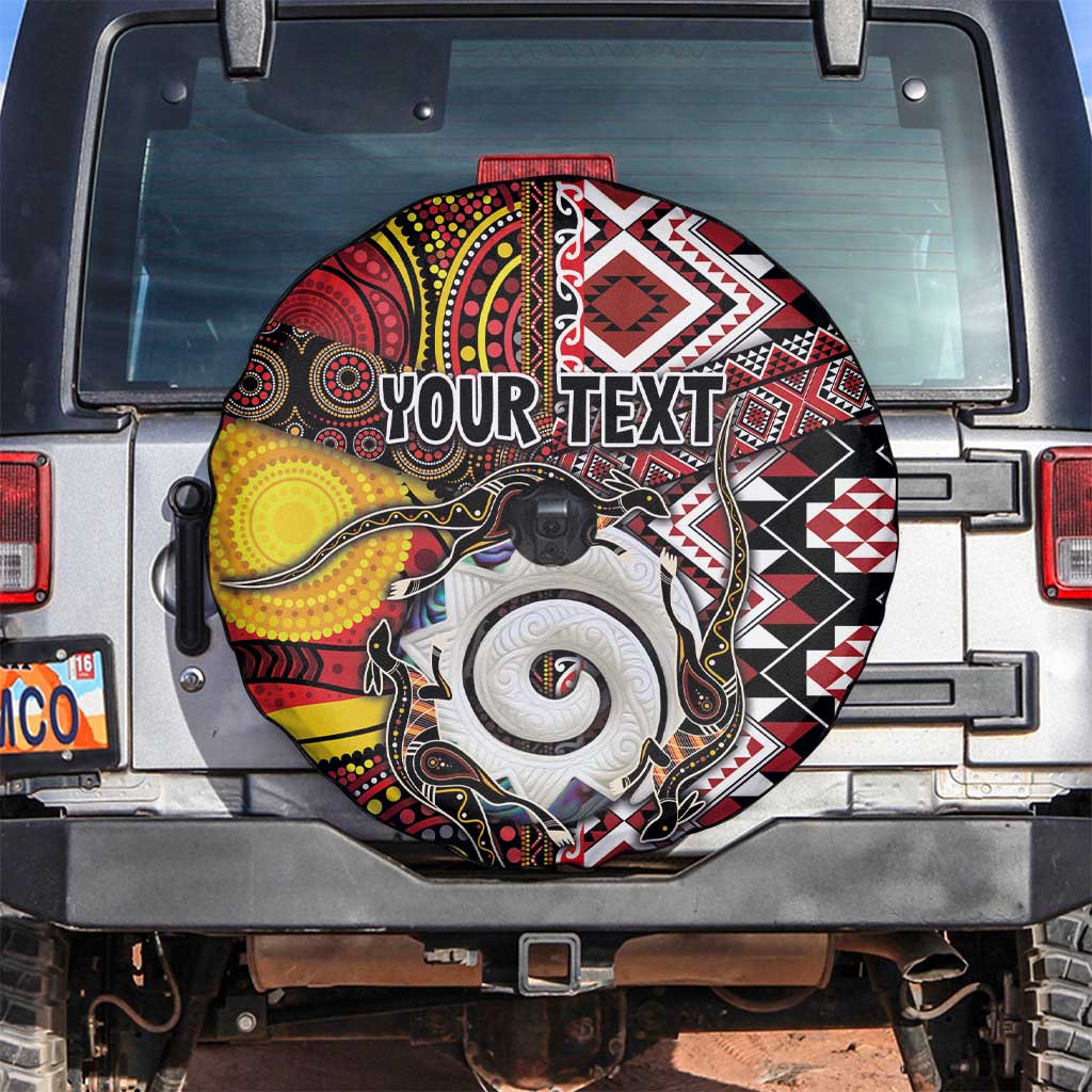 Personalised Aotearoa and Australia Together Spare Tire Cover Koru and Kangaroo - Taniko with Aboriginal Motif LT03 Black - Polynesian Pride