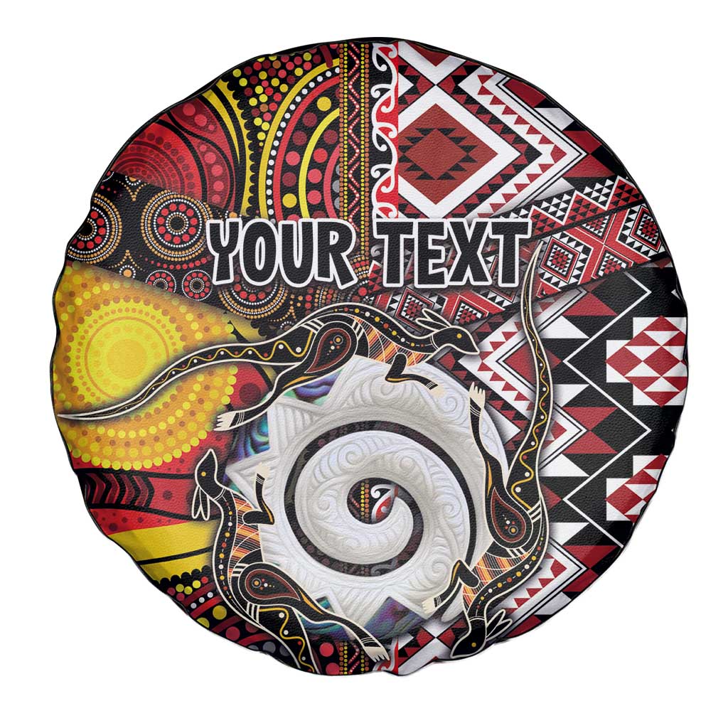 Personalised Aotearoa and Australia Together Spare Tire Cover Koru and Kangaroo - Taniko with Aboriginal Motif
