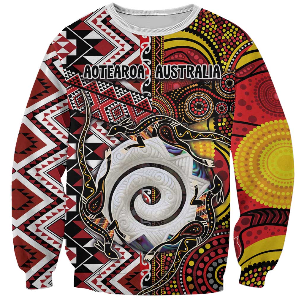 Personalised Aotearoa and Australia Together Sweatshirt Koru and Kangaroo - Taniko with Aboriginal Motif