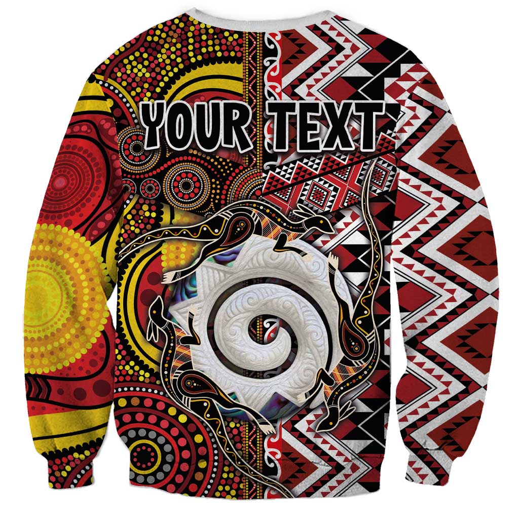 Personalised Aotearoa and Australia Together Sweatshirt Koru and Kangaroo - Taniko with Aboriginal Motif