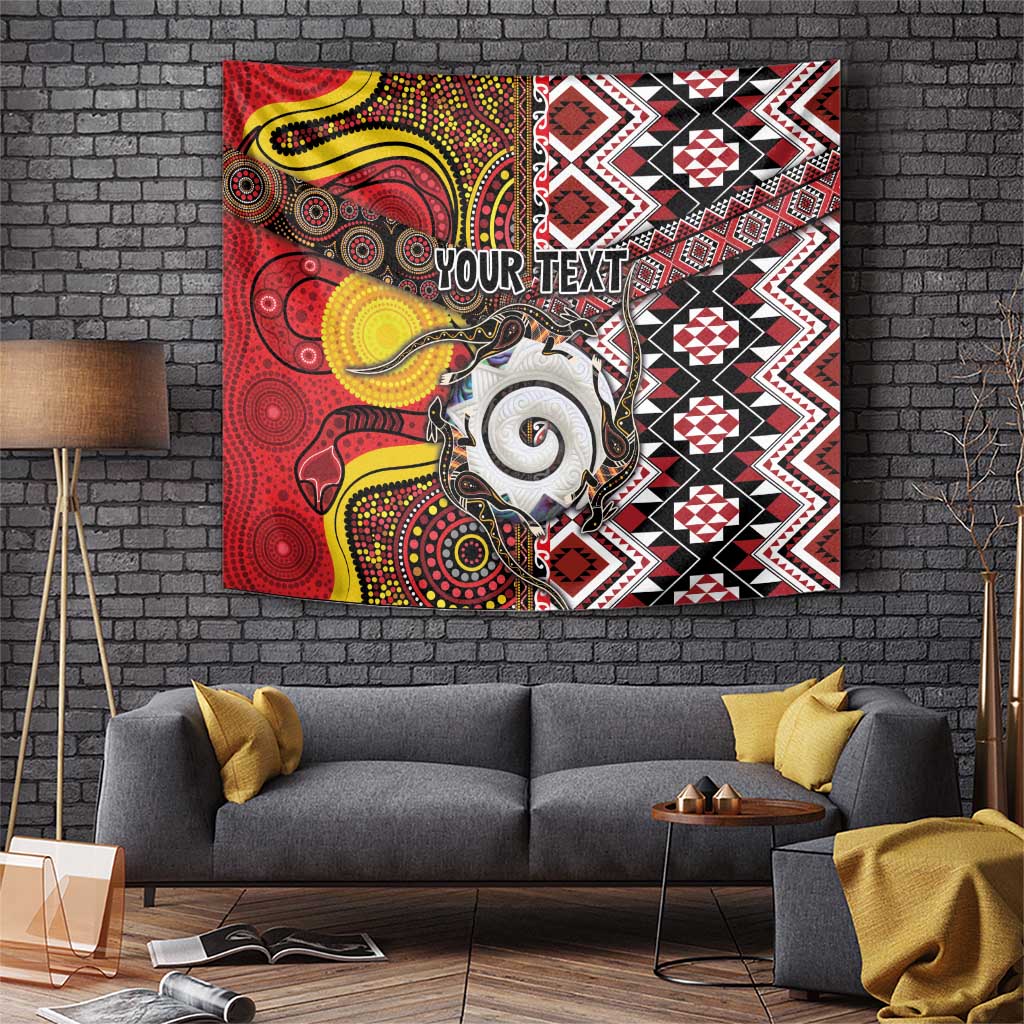 Personalised Aotearoa and Australia Together Tapestry Koru and Kangaroo - Taniko with Aboriginal Motif LT03 Black - Polynesian Pride