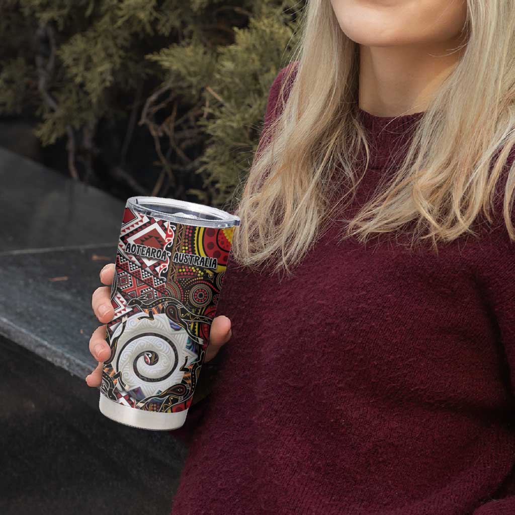 Personalised Aotearoa and Australia Together Tumbler Cup Koru and Kangaroo - Taniko with Aboriginal Motif