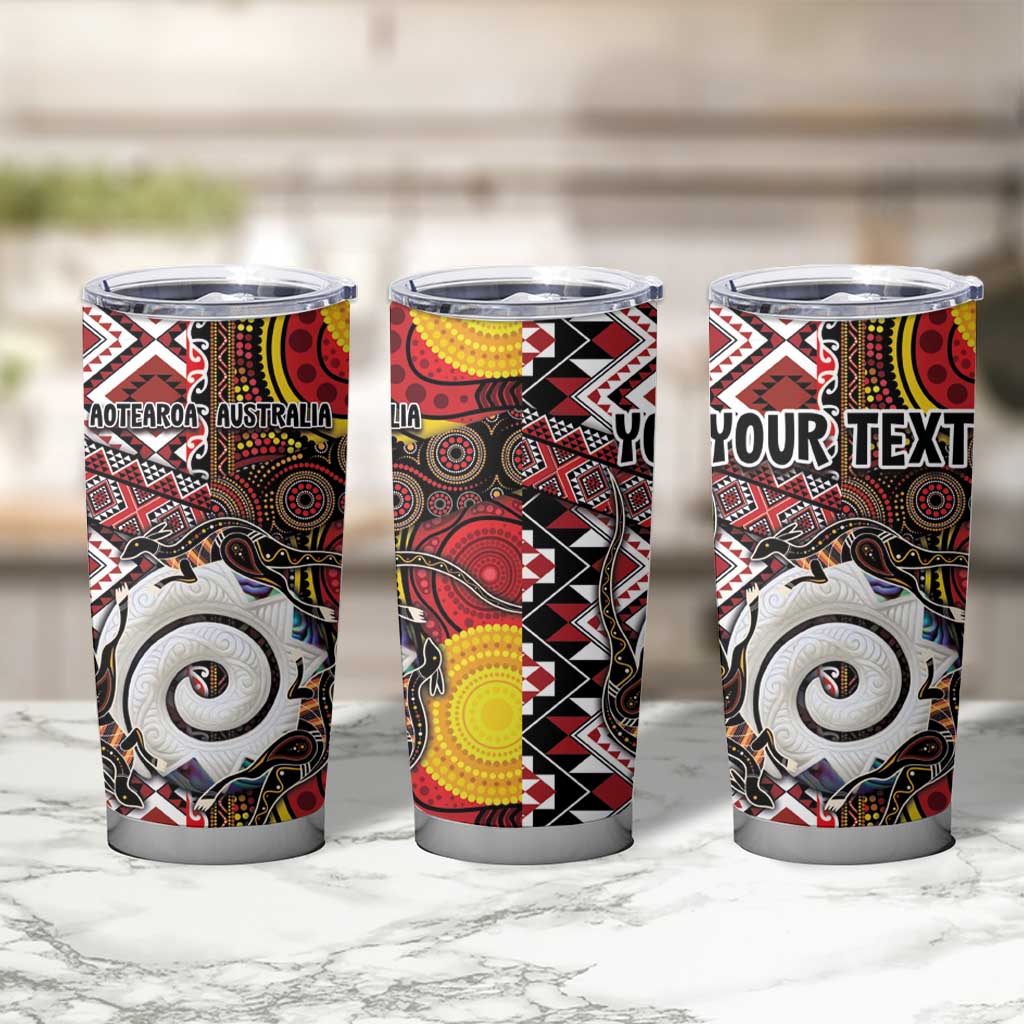 Personalised Aotearoa and Australia Together Tumbler Cup Koru and Kangaroo - Taniko with Aboriginal Motif