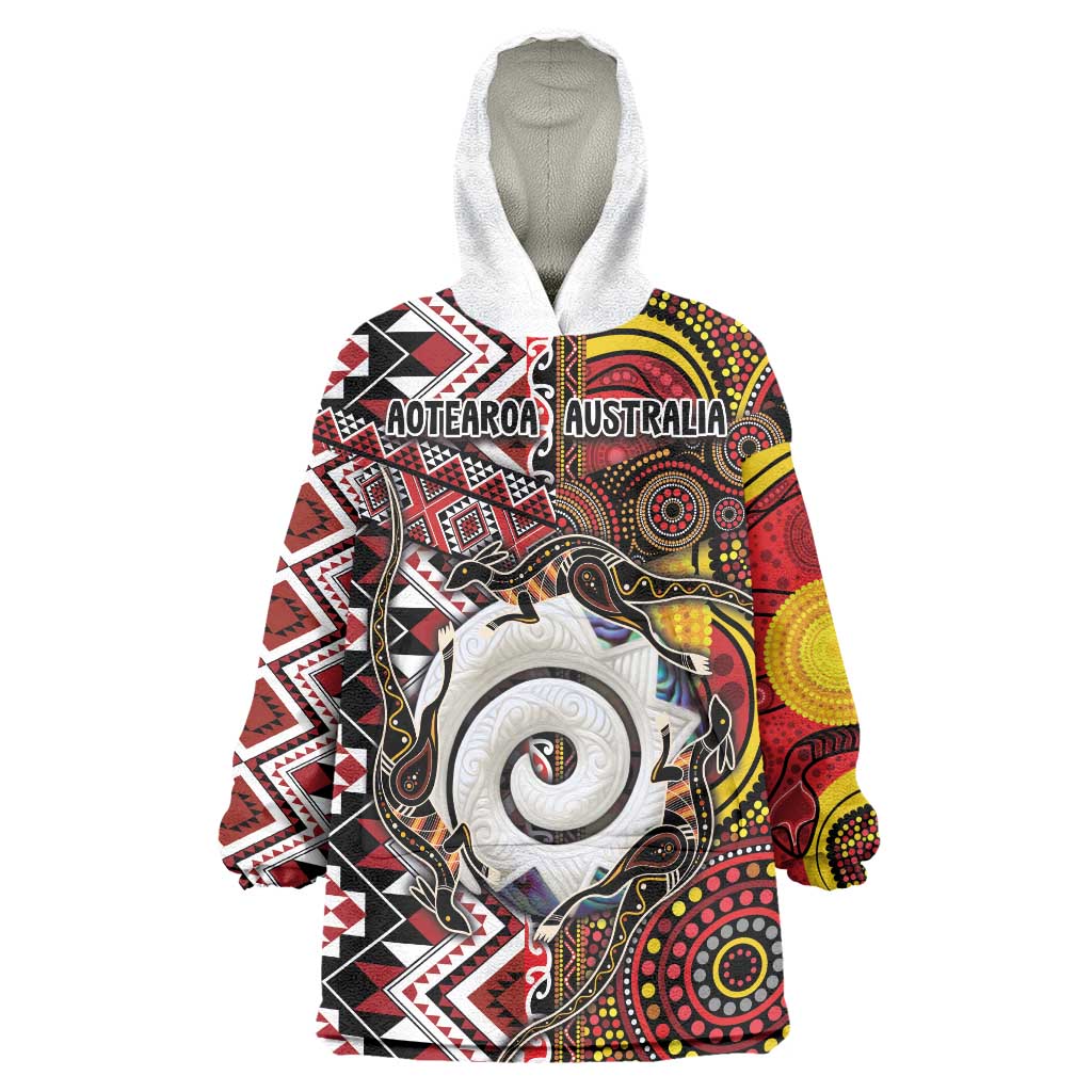 Personalised Aotearoa and Australia Together Wearable Blanket Hoodie Koru and Kangaroo - Taniko with Aboriginal Motif