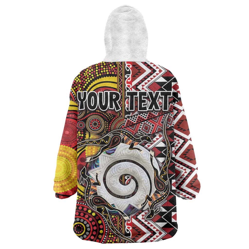 Personalised Aotearoa and Australia Together Wearable Blanket Hoodie Koru and Kangaroo - Taniko with Aboriginal Motif