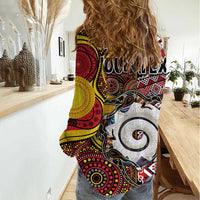 Personalised Aotearoa and Australia Together Women Casual Shirt Koru and Kangaroo - Taniko with Aboriginal Motif