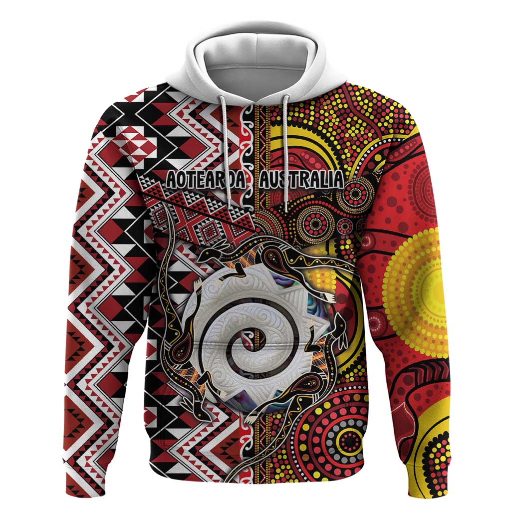 Personalised Aotearoa and Australia Together Zip Hoodie Koru and Kangaroo - Taniko with Aboriginal Motif