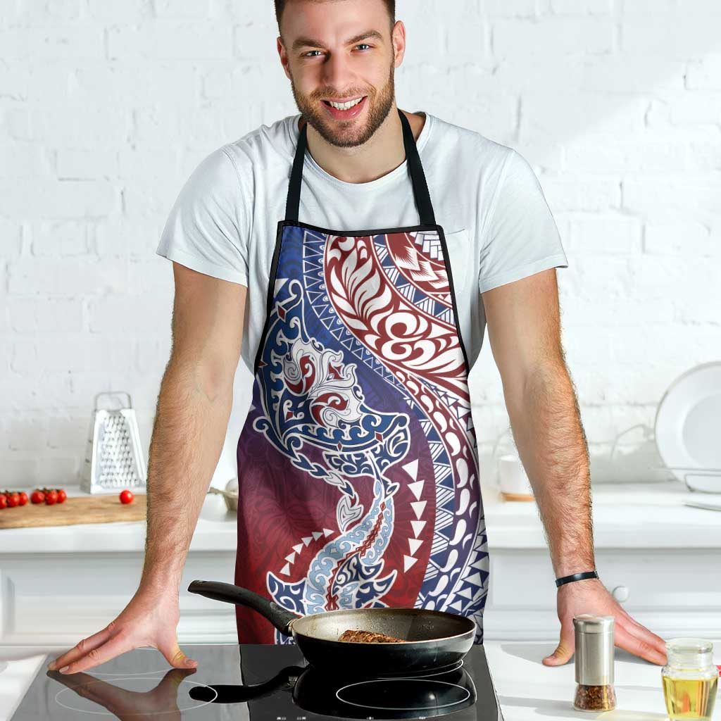 Hawaiian Manta Ray and Hammerhead Shark Tribal Tattoo Apron with Polynesian Tribal Pattern Hawaii Flag Color