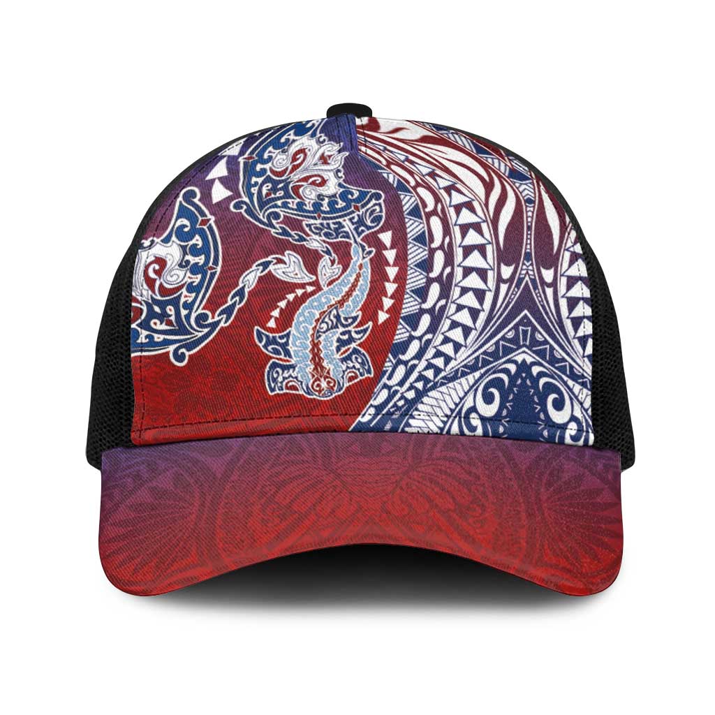 Hawaiian Manta Ray and Hammerhead Shark Tribal Tattoo Baseball Net Cap with Polynesian Tribal Pattern Hawaii Flag Color LT03 One Size Black Multicolor - Polynesian Pride