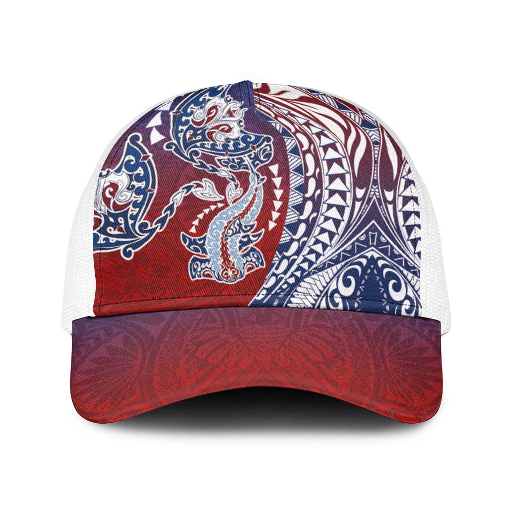 Hawaiian Manta Ray and Hammerhead Shark Tribal Tattoo Baseball Net Cap with Polynesian Tribal Pattern Hawaii Flag Color LT03 One Size White Multicolor - Polynesian Pride