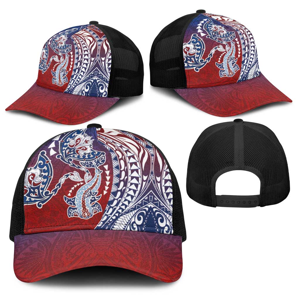 Hawaiian Manta Ray and Hammerhead Shark Tribal Tattoo Baseball Net Cap with Polynesian Tribal Pattern Hawaii Flag Color LT03 - Polynesian Pride