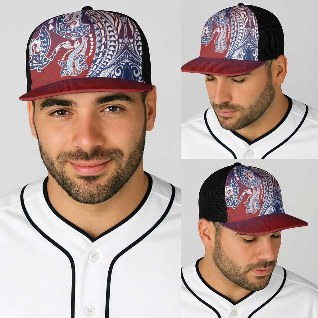 Hawaiian Manta Ray and Hammerhead Shark Tribal Tattoo Baseball Net Cap with Polynesian Tribal Pattern Hawaii Flag Color LT03 - Polynesian Pride