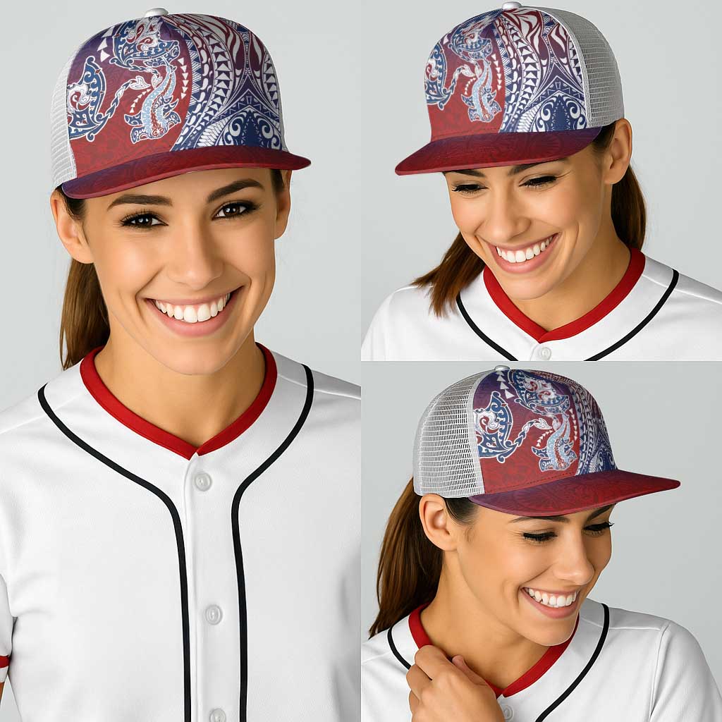 Hawaiian Manta Ray and Hammerhead Shark Tribal Tattoo Baseball Net Cap with Polynesian Tribal Pattern Hawaii Flag Color LT03 - Polynesian Pride