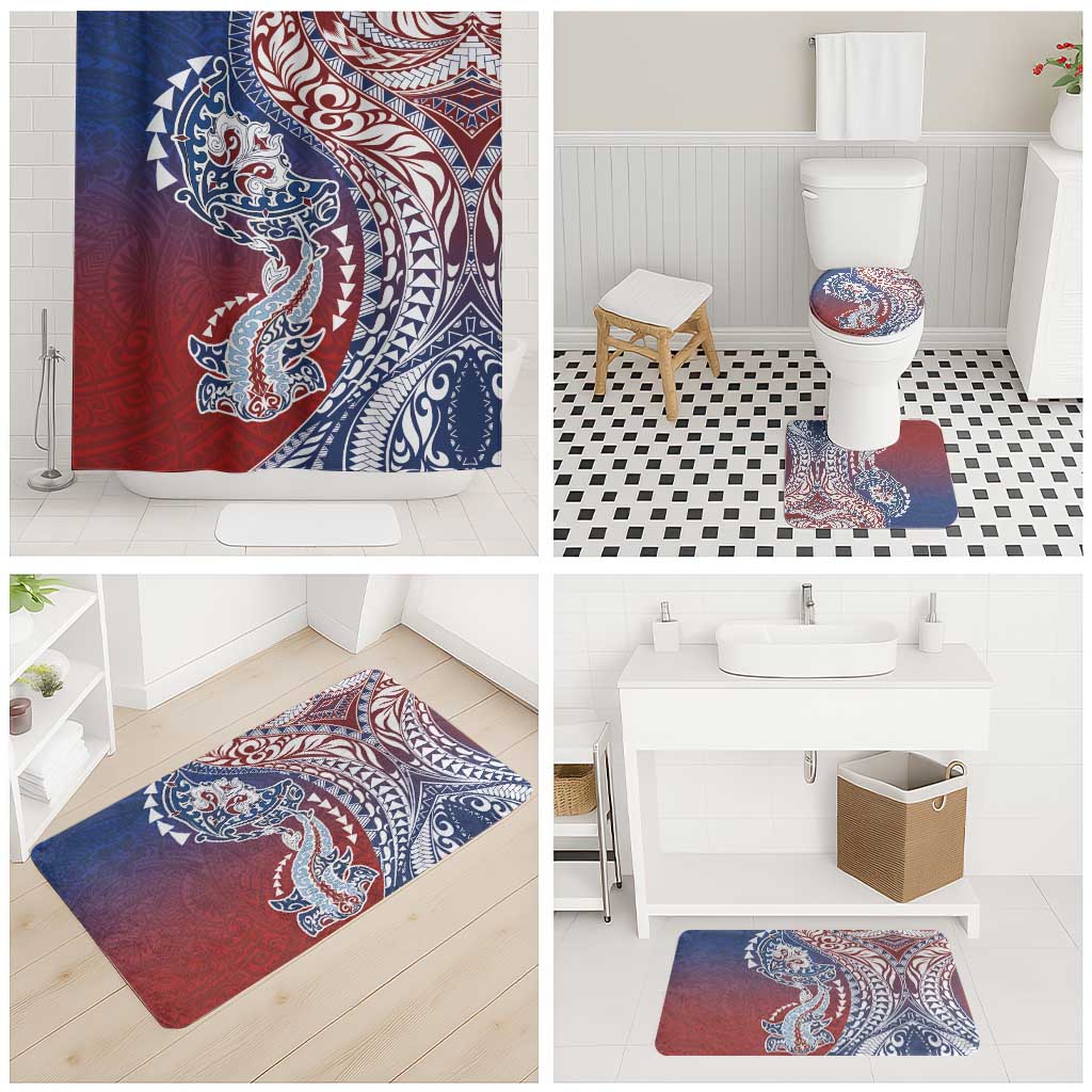 Hawaiian Manta Ray and Hammerhead Shark Tribal Tattoo Bathroom Set with Polynesian Tribal Pattern Hawaii Flag Color