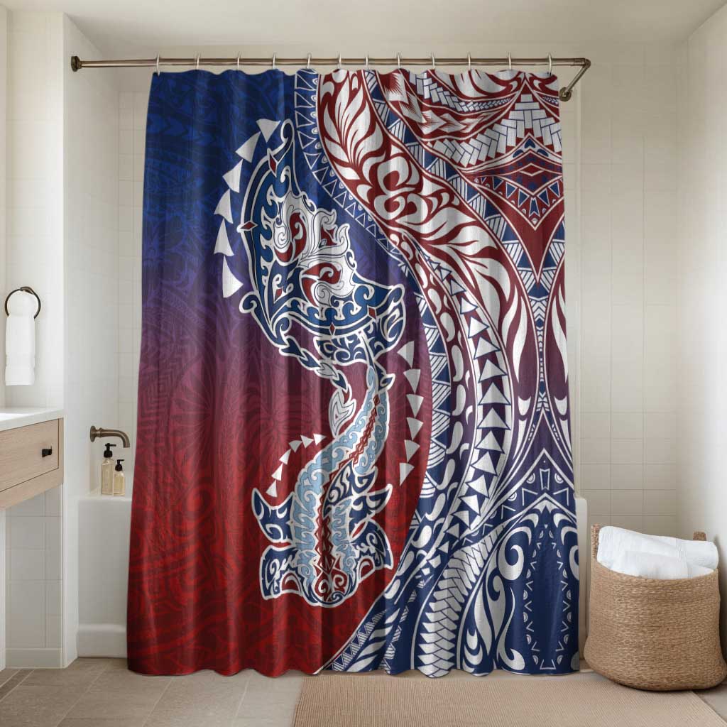 Hawaiian Manta Ray and Hammerhead Shark Tribal Tattoo Bathroom Set with Polynesian Tribal Pattern Hawaii Flag Color
