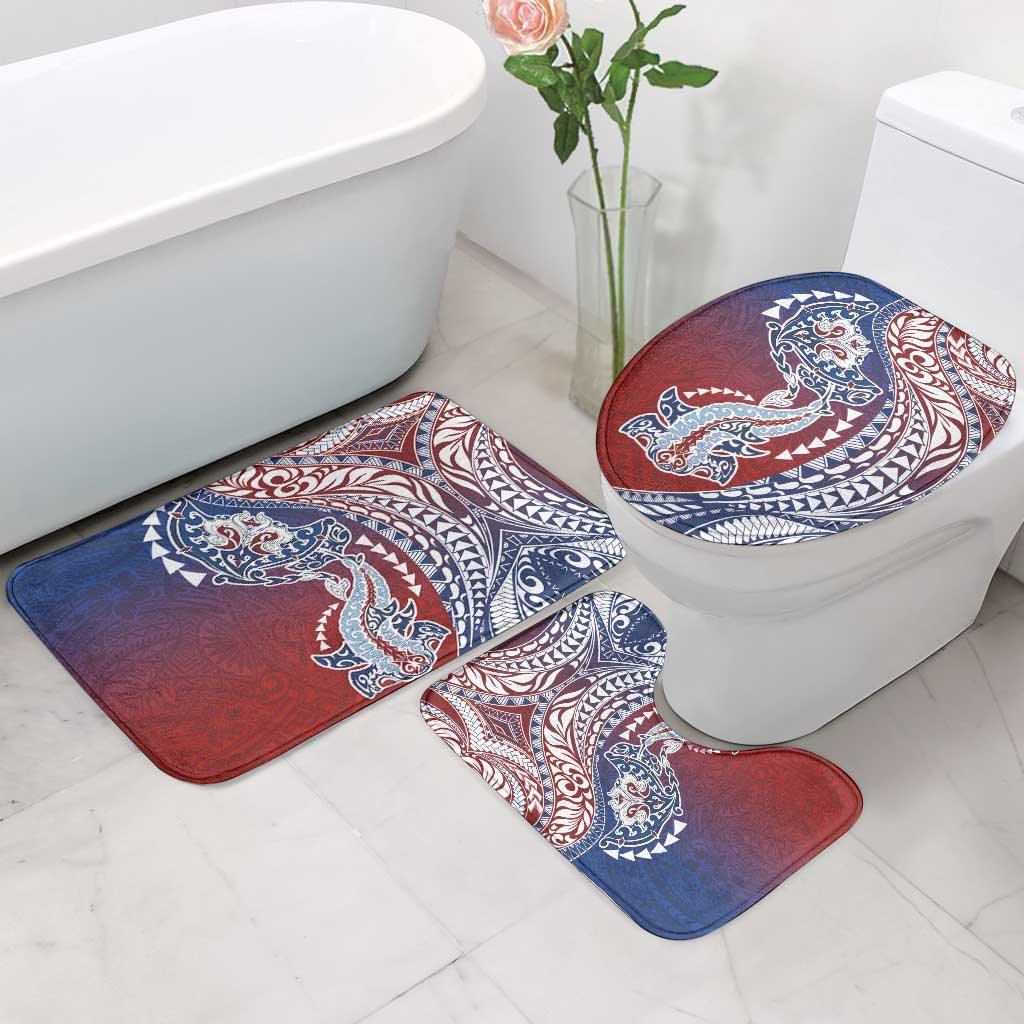 Hawaiian Manta Ray and Hammerhead Shark Tribal Tattoo Bathroom Set with Polynesian Tribal Pattern Hawaii Flag Color