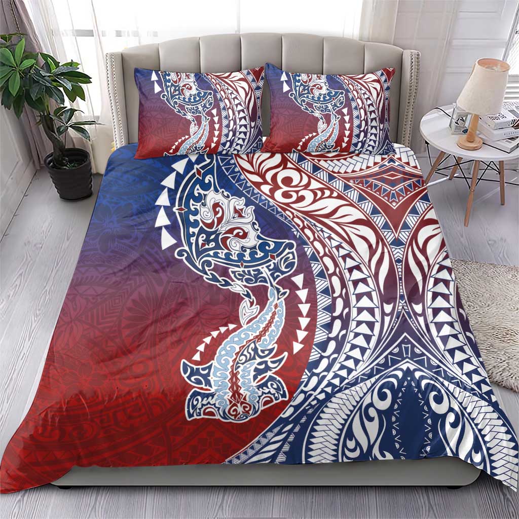 Hawaiian Manta Ray and Hammerhead Shark Tribal Tattoo Bedding Set with Polynesian Tribal Pattern Hawaii Flag Color LT03 - Polynesian Pride