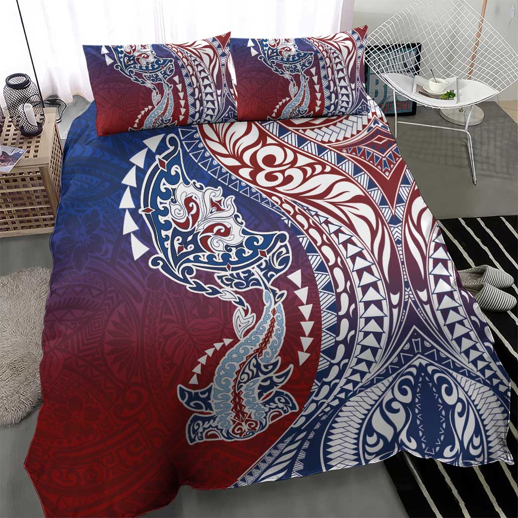Hawaiian Manta Ray and Hammerhead Shark Tribal Tattoo Bedding Set with Polynesian Tribal Pattern Hawaii Flag Color LT03 - Polynesian Pride